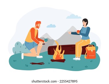 Outdoor activity tourism, camping and hiking adventure travel. Woman sitting on log and drinking tea, man putting firewood. Couple sitting near campfire. People on trip, active lifestyle vector