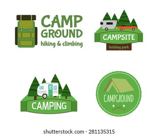 Outdoor  Activity Tourism Travel Logo Vintage Labels design template. RV, forest holiday park, caravan. Camping Badges Retro style logotype concept icons set. Vector illustration