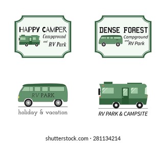 Outdoor Activity Travel Logo Vintage Labels design template. RV, forest holiday park, caravan. Camping Badges Retro style logotype concept icons set. Vector illustration