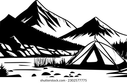 Outdoor activity vector background. Tent and campfire in the mountains.