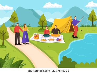 Outdoor Activity Vector Illustration with Relaxing on a Picnic, Leisure Activities at Weekend and Active Recreation in Flat Cartoon Background Design