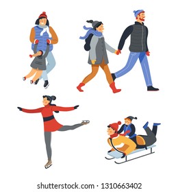 Outdoor activity winter walking and sport skating and sleigh vector mother and sun sliding on ice rink girlfriend and boyfriend female figure skater father and son on sleigh isolated characters.
