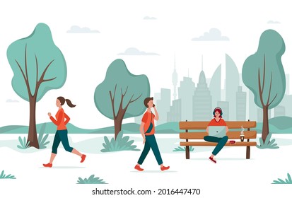 Outdoor activity. Young people walking in the city or university park. Jogging girl, young man, freelancer with laptop on a bench. Urban recreation concept, college campus, remote working