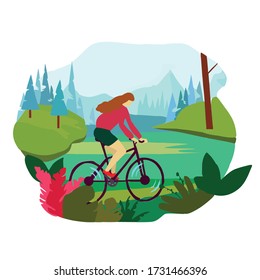Outdoor activity.Girl on a Bicycle rides on a road vector illustration.The concept of a summer urban transport.In nature, leisure time, environmental transport, healthy lifestyle.