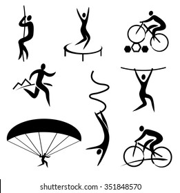 Outdoor and adrenaline sports icons.
Set of black icons with outdoor and adrenaline sports. Vector available.

