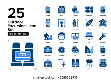 Outdoor Adventure Activities. Kayaking, Hiking Trails, and Wildlife Exploration. Vector Illustration. Solid duo tone icon set