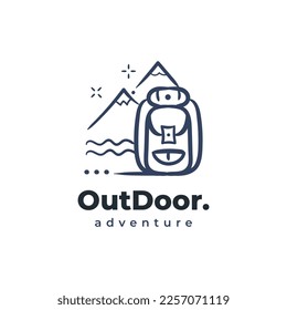 Outdoor adventure backpacker logo icon doodle hand drawn. Hiking mountain minimal drawing illustration.