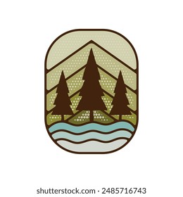 Outdoor adventure badge. Camping adventure label in retro style. Mountain logo graphics for t-shirt. Stock vector artwork with trees