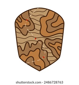 Outdoor adventure badge. Camping adventure label in retro style. Mountain logo graphics for t-shirt. Stock vector artwork with topographic map