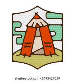 Outdoor adventure badge. Camping adventure label in retro style. Mountain logo graphics for t-shirt. Stock vector artwork with tent
