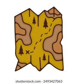 Outdoor adventure badge. Camping adventure label in retro style. Mountain logo graphics for t-shirt. Stock vector artwork with adventure map