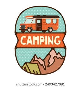 Outdoor adventure badge. Camping adventure label in retro style. Mountain logo graphics for t-shirt. Stock vector artwork with RV trailer