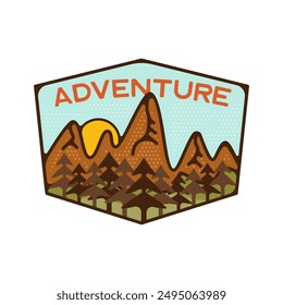 Outdoor adventure badge. Camping adventure label in retro style. Mountain logo graphics for t-shirt. Stock vector artwork insignia.