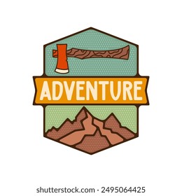 Outdoor adventure badge. Camping adventure label in retro style. Mountain logo graphics for t-shirt. Stock vector artwork with axe.