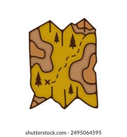 Outdoor adventure badge in form of map. Camping adventure label in retro style. Mountain logo graphics for t-shirt. Stock vector artwork.