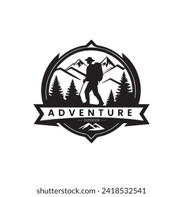 outdoor adventure badge with mountain background in circle shape logo design