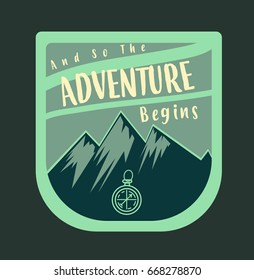 Outdoor adventure badge and retro emblem, created in blue green. 