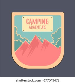 Outdoor adventure badge and retro emblem, created in bright colours. Vector.