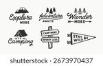 Outdoor adventure badge set featuring camping quotes and forest illustrations. Perfect for t-shirt designs, stickers, travel gear, or hiking-themed merchandise.