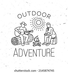 Outdoor adventure badge. Vector illustration. Concept for shirt or print, stamp, travel badge or tee. Vintage line art design with camper tent, pot on the fire, axe and mountain silhouette.