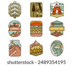 Outdoor adventure badges collection. Camping adventure labels in retro flat style. Mountain logo graphics for t-shirt. Stock vector colorful artwork design