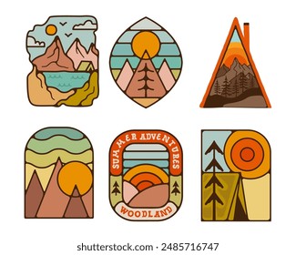Outdoor adventure badges set. Camping adventure labels in retro style. Mountain logo graphics for t-shirt. Stock vector artwork insignias