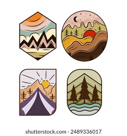 Outdoor adventure badges set. Camping adventure labels in retro flat style. Mountain logo graphics for t-shirt. Stock vector colorful artwork