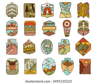 Outdoor adventure badges set. Camping adventure labels in retro flat style. Mountain logos graphics for t-shirt. Stock vector artworks.