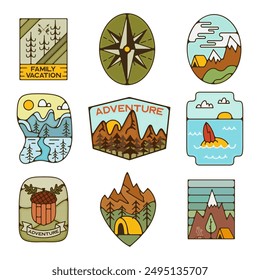 Outdoor adventure badges set. Camping adventure labels in retro flat style. Mountain logos graphics for t-shirt. Stock vector artworks. Family vacation.