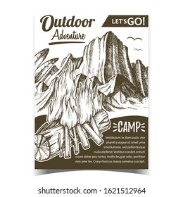 Outdoor Adventure Camp Advertising Banner Vector. Burning Wooden Stick Little Branches Camp Bonfire, Rocky Mountain, Green Leaves And Birds. Camping Designed In Vintage Style Monochrome Illustration