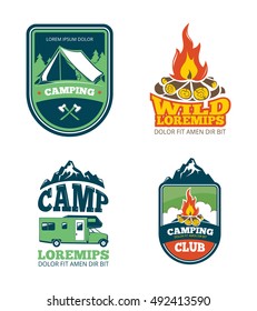 Outdoor adventure camp, hiking camping vector labels, emblems, logos, badges. Travel with campfire, logotype of camping club illustration