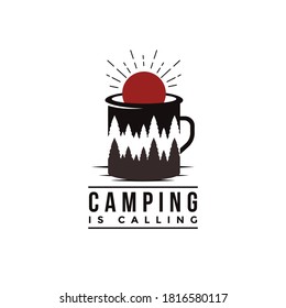 Outdoor adventure camping badge logo with forest nature landscape illustrations on coffee mug vector template