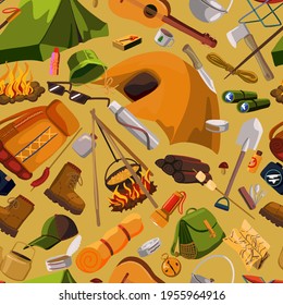Outdoor adventure, camping equipment, hiking, travel, tourism theme. Hand drawn vector seamless pattern. Colorful cartoon ornament for design fabric, textile, background, wallpaper, print, decor, wrap