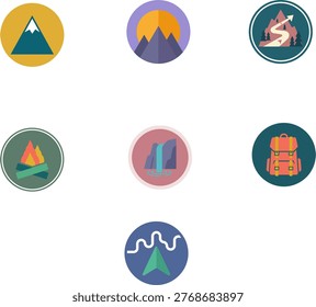 Outdoor adventure and camping icon set vector illustration. Flat design collection with mountain, campfire, backpack, and waterfall symbols.
