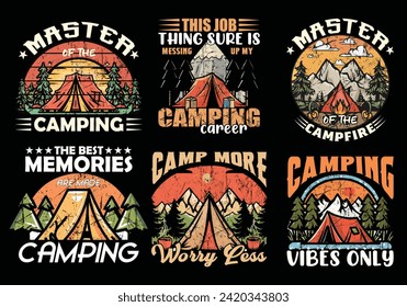 Outdoor adventure camping t shirt vector bundle set design camping adventure outdoor mountain design. camping, adventure, outdoor, mountain, hiking, campsite vibes, forest campfire, hiking and camping