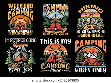 Outdoor adventure camping t shirt vector bundle set design camping adventure outdoor mountain design. camping, adventure, outdoor, mountain, hiking, campsite vibes, forest campfire, hiking and camping