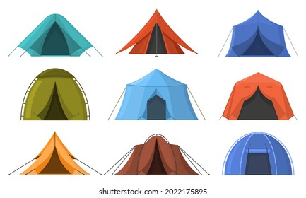 Outdoor adventure camping touristic sleeping tents. Hiking, travel recreation tourist rest tents vector illustration set. Outdoor lodging camping tents of different colors with ropes