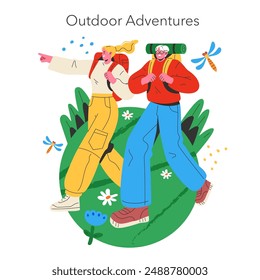 Outdoor Adventure Konzept. Freunde, die eine Wanderung machen, die Schönheit der Natur zeigen und erkunden. Reise durch die Wildnis, Wanderausflug Spannung. Vektorillustration.