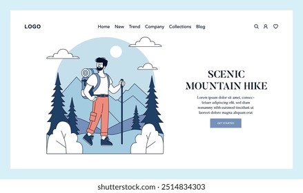 Outdoor Adventure concept. A hiker with a backpack trekking in the mountains surrounded by pine trees under a clear sky. Exploration and nature enjoyment. Vector illustration.