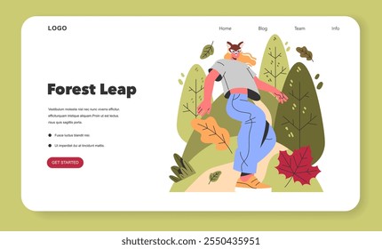 Outdoor adventure concept. A person enjoys a leap amidst forest foliage, capturing the essence of exploration. Vector illustration.