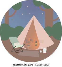 Outdoor adventure. Cozy night in a tent outside in the forest under the stars.