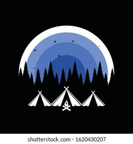 Outdoor adventure emblem, logo or badge. Camp tent in forest or mountains. Camping equipment. Vector.