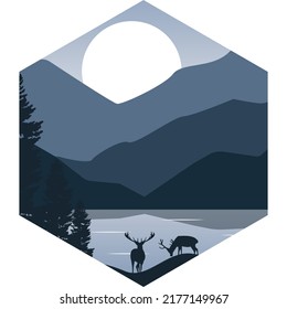 Outdoor adventure emblem logo vector design. Mountain landscape with deer in a forest and lake