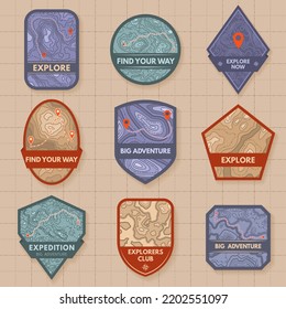 Outdoor adventure emblem. Topographic map badges, travel route planning patches and camp labels with mountain heights texture of sticker badge postcard, mountain trip illustraton