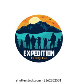 Outdoor adventure expedition logo. Camping outdoor adventure emblem. Jungle camp label in vintage style