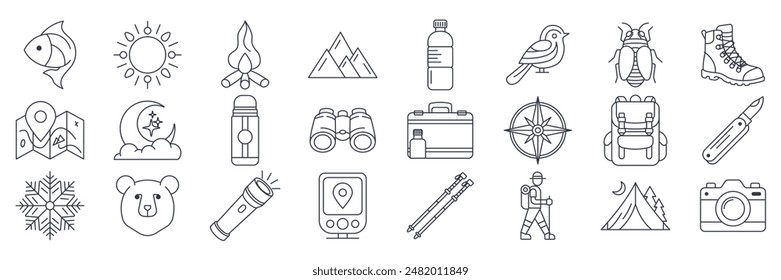 Outdoor Adventure Hiking icons set, Included icons as Backpack, Binoculars, Thermos, Tree and more symbols collection, logo isolated vector illustration