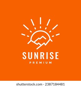 outdoor adventure hiking mountain sunrise sunburst line style clean minimalist logo design vector icon illustration