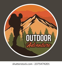 Outdoor adventure. Hiking outdoors, mountain, pines vector illustration design for printing,  tshirt and much more.