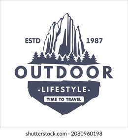 Outdoor Adventure and Hiking Tourism Logo with Black Forest and Mountain Silhouette Vector Template