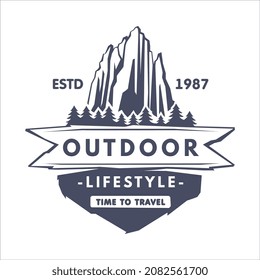 Outdoor Adventure and Hiking Tourism Logo with Black Forest and Mountain Silhouette Vector Template